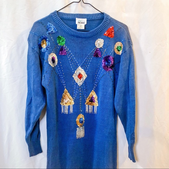 Vintage 80s Sequin Blue Sweater Dress - Picture 2 of 16